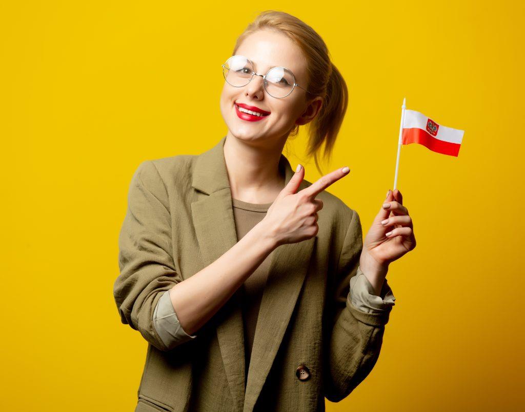 Polski - Poziom Rozszerzony - style blonde woman jacket with polish flag yellow